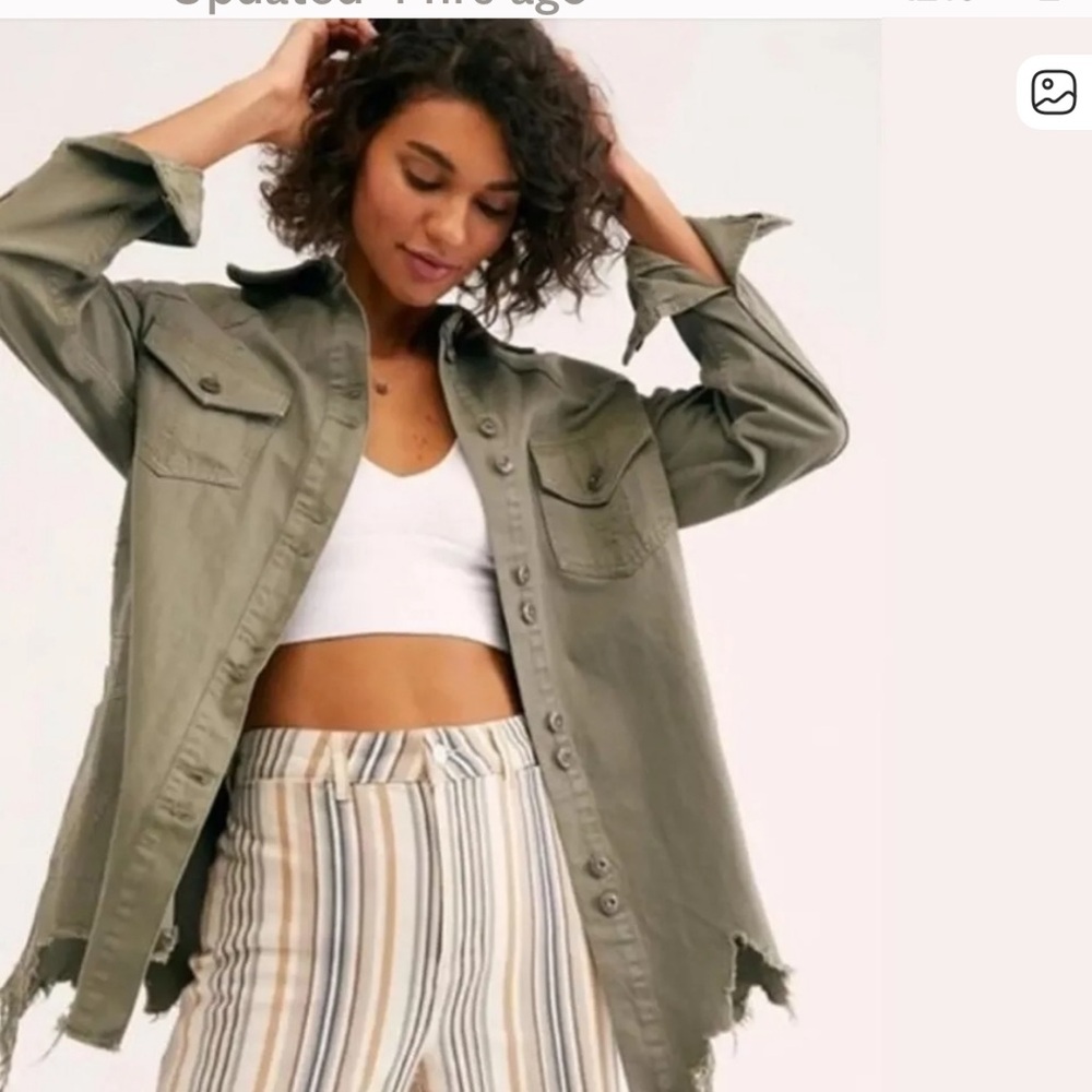 Free People Moonchild Distressed Olive Denim Jacket